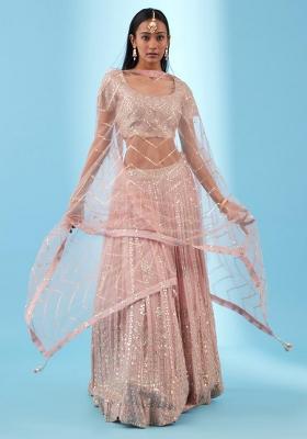 Pink Embroidered Georgette Lehenga Set With Dupatta