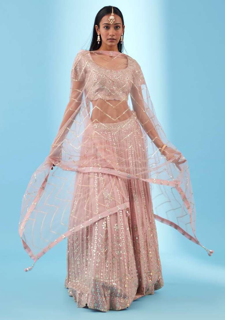 Pink With Dupatta Georgette Lehenga Set with Embroidered for Diwali | Wedding & Festive Wear - Indya