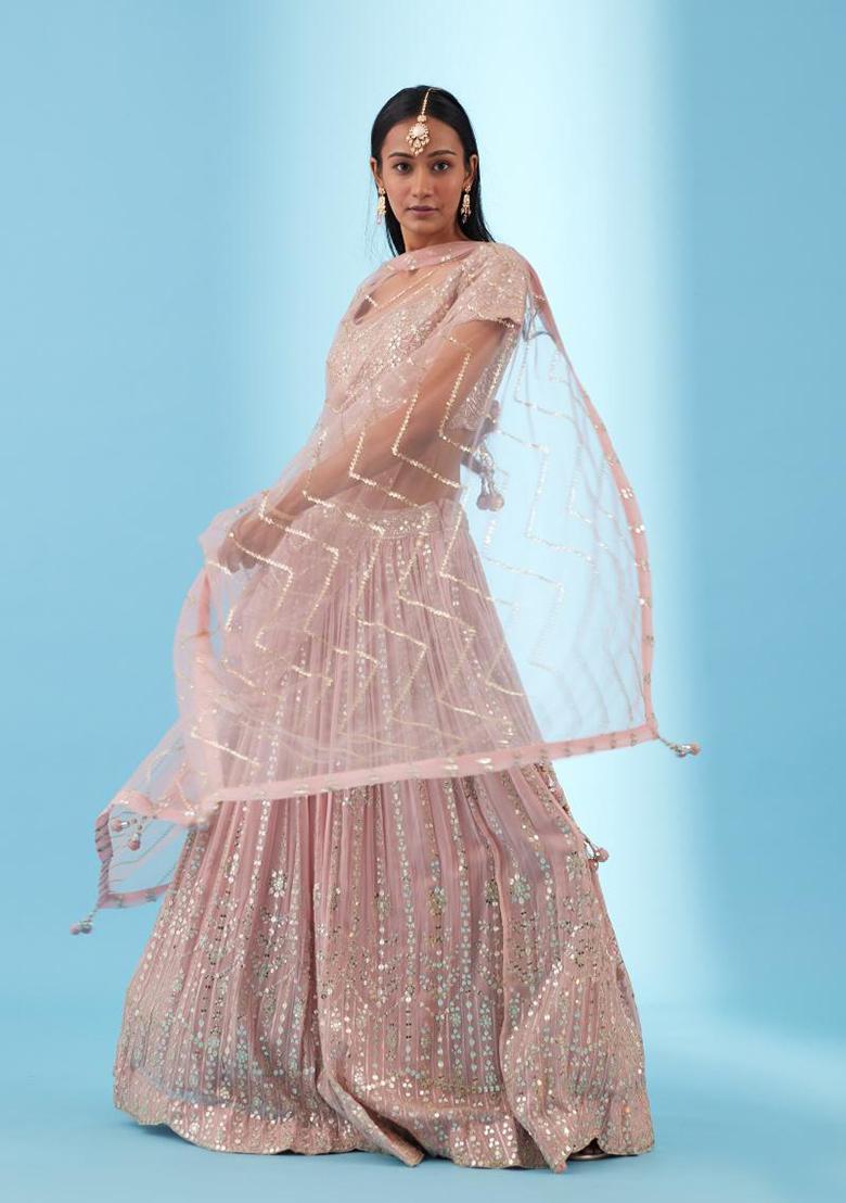 Pink Embroidered Georgette Lehenga Set With Dupatta