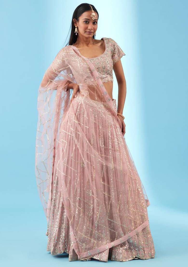 Pink With Dupatta Georgette Lehenga Set with Embroidered for Diwali | Wedding & Festive Wear - Indya