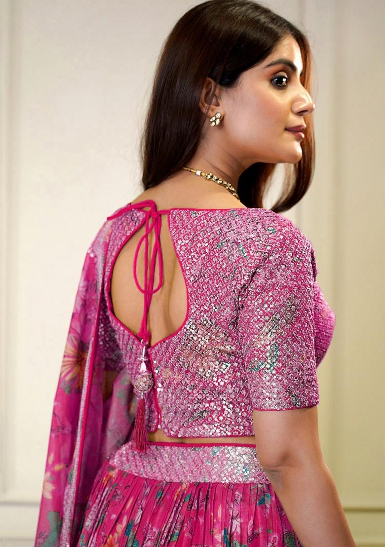 Pink Printed With Multi Sequance Emboadery Work And Lace Work Georgette Lehenga Set With Dupatta