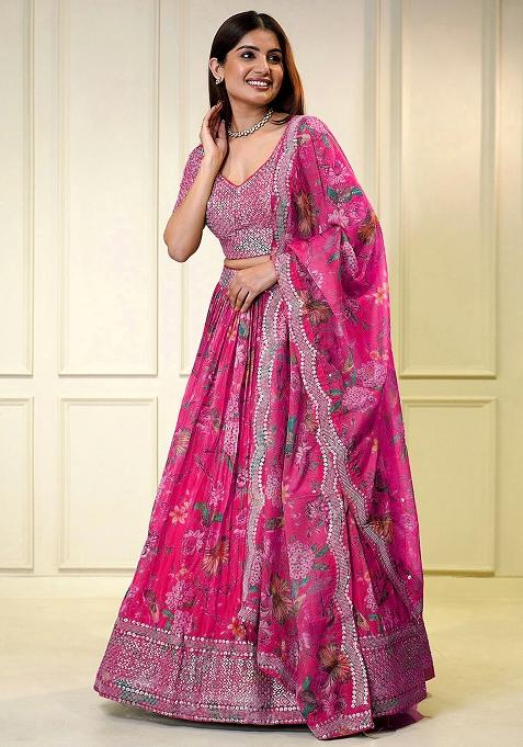 Pink Printed With Multi Sequance Emboadery Work And Lace Work Georgette Lehenga Set With Dupatta