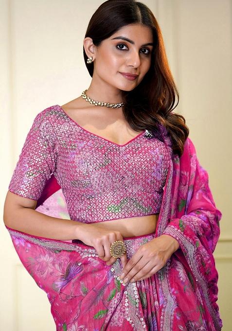 Pink Printed With Multi Sequance Emboadery Work And Lace Work Georgette Lehenga Set With Dupatta