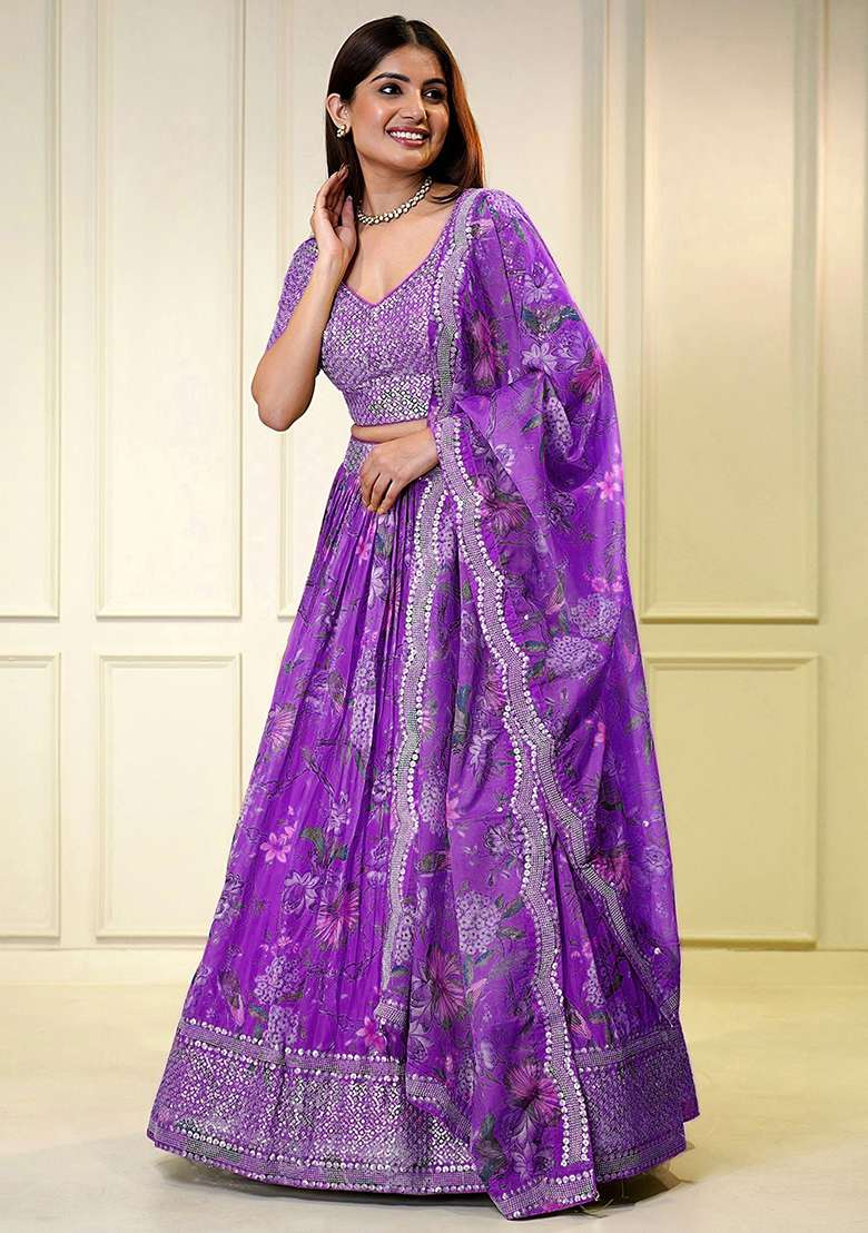 Purple Printed With Multi Sequance Emboadery Work And Lace Work Georgette Lehenga Set With Dupatta for Diwali and Festive Wear - Indya