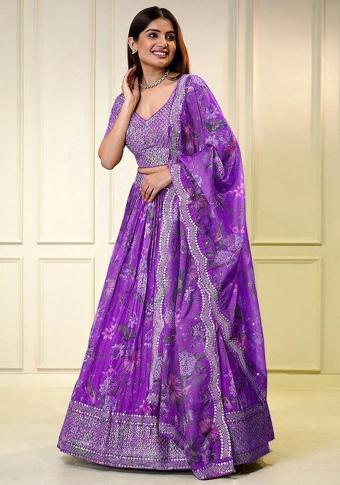 Purple Printed With Multi Sequance Emboadery Work And Lace Work Georgette Lehenga Set With Dupatta