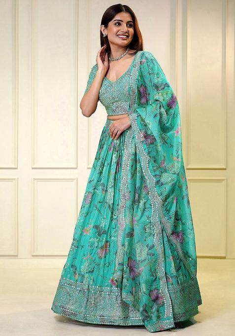 Firoji Blue Printed With Multi Sequance Emboadery Work And Lace Work Georgette Lehenga Set With Dupatta