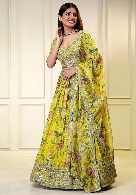 Yellow Printed With Multi Sequance Emboadery Work And Lace Work Georgette Lehenga Set With Dupatta