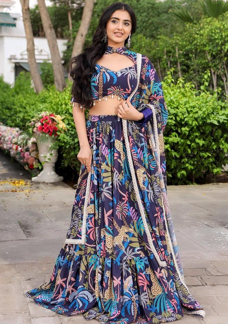 Blue Printed With Multi Sequance Emboadery Work And Lace Work Georgette Lehenga Set With Dupatta
