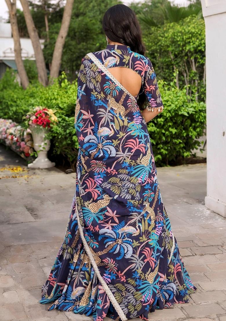 Blue Printed With Multi Sequance Emboadery Work And Lace Work Georgette Lehenga Set With Dupatta