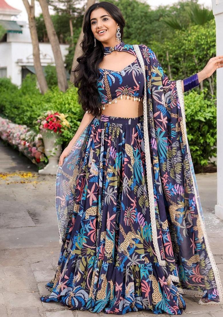 Blue Printed With Multi Sequance Emboadery Work And Lace Work Georgette Lehenga Set With Dupatta