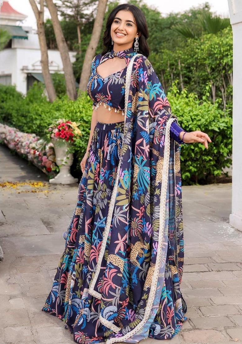 Blue Printed With Multi Sequance Emboadery Work And Lace Work Georgette Lehenga Set With Dupatta