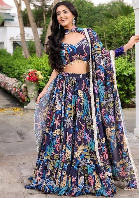 Blue Printed With Multi Sequance Emboadery Work And Lace Work Georgette Lehenga Set With Dupatta