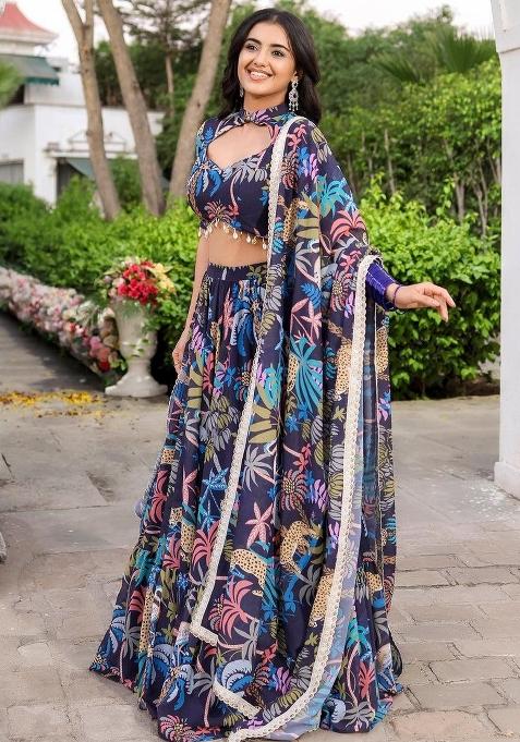 Blue Printed With Multi Sequance Emboadery Work And Lace Work Georgette Lehenga Set With Dupatta