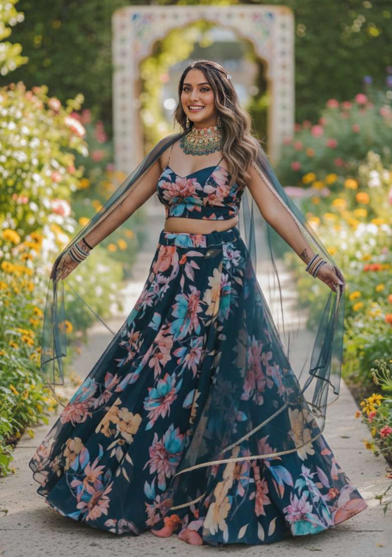 Teal Blue Printed With Zari Sequnce Lace Work Georgette Lehenga Set With Dupatta for Diwali and Festive Wear - Indya