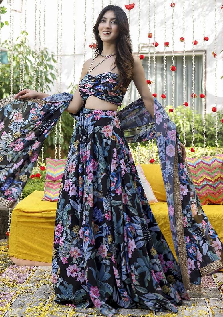 Black With Zari Sequnce Lace Work With Dupatta Georgette Lehenga Set with Printed for Diwali | Wedding & Festive Wear - Indya