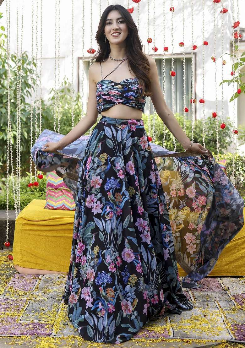 Black With Zari Sequnce Lace Work With Dupatta Georgette Lehenga Set with Printed for Diwali | Wedding & Festive Wear - Indya