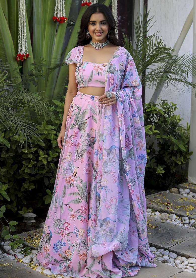 Pink With Zari Sequnce Lace Work With Dupatta Georgette Lehenga Set with Printed for Diwali | Wedding & Festive Wear - Indya