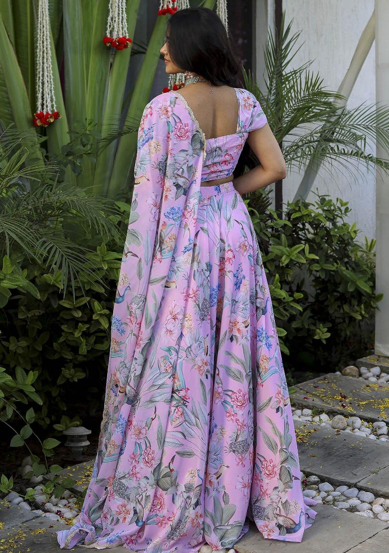 Pink Printed With Zari Sequnce Lace Work Georgette Lehenga Set With Dupatta