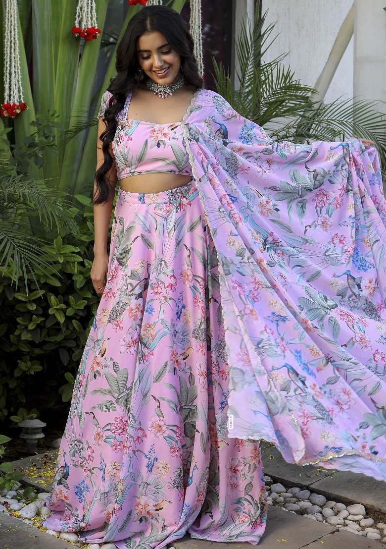 Pink With Zari Sequnce Lace Work With Dupatta Georgette Lehenga Set with Printed for Diwali | Wedding & Festive Wear - Indya