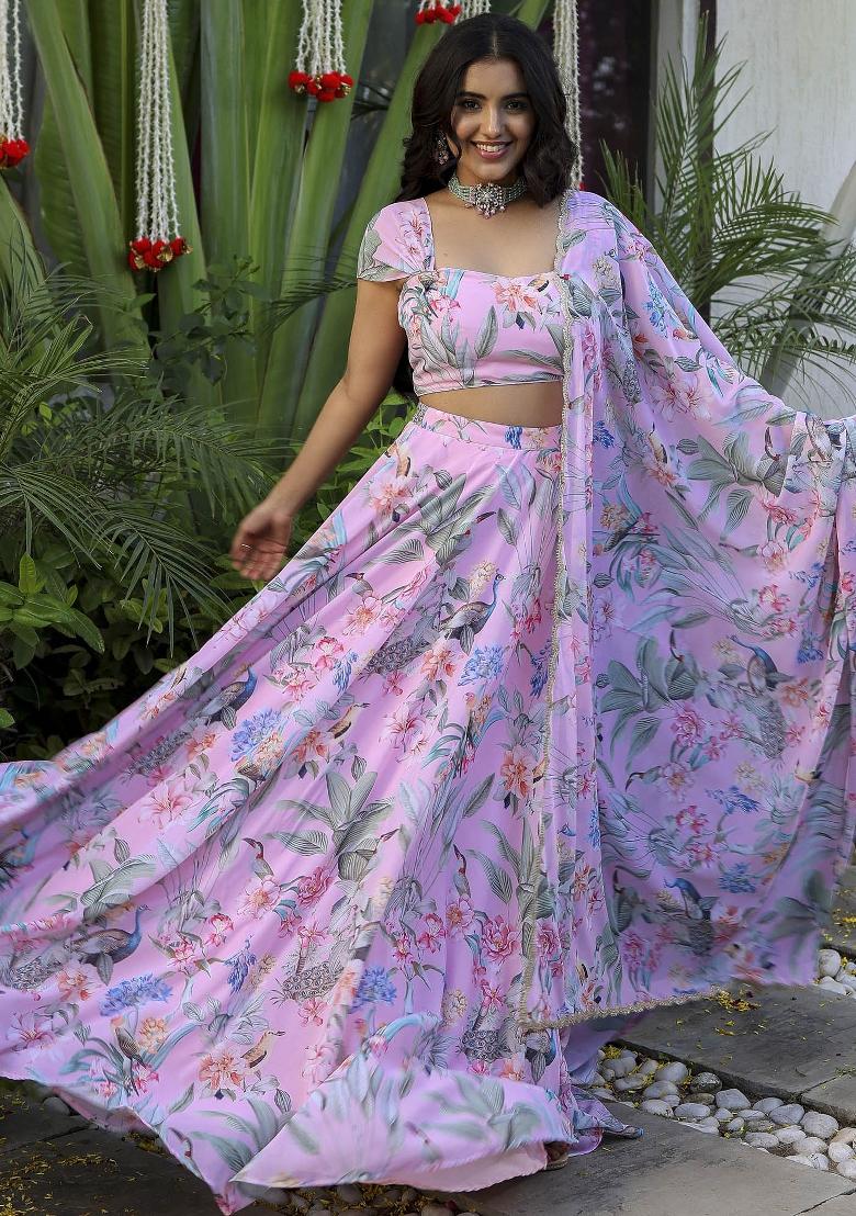Pink Printed With Zari Sequnce Lace Work Georgette Lehenga Set With Dupatta