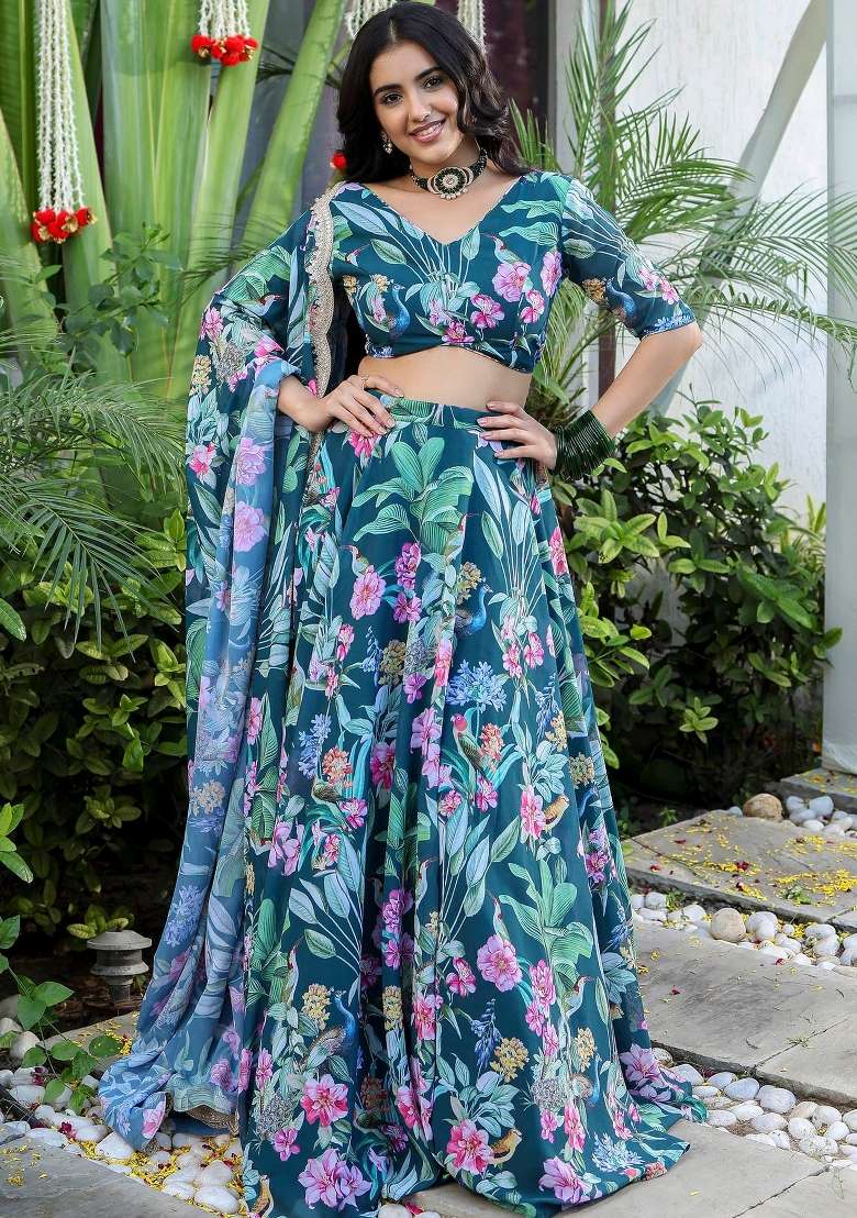 Teal Blue Printed With Zari Sequnce Lace Work Georgette Lehenga Set With Dupatta for Diwali and Festive Wear - Indya