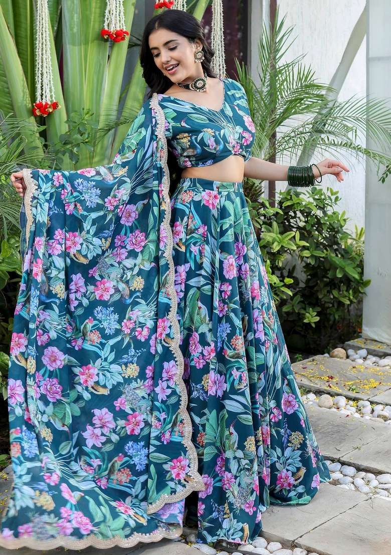 Teal Blue Printed With Zari Sequnce Lace Work Georgette Lehenga Set With Dupatta for Diwali and Festive Wear - Indya