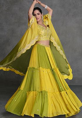Yellow And Green Digital Print Organza Silk Lehenga Set