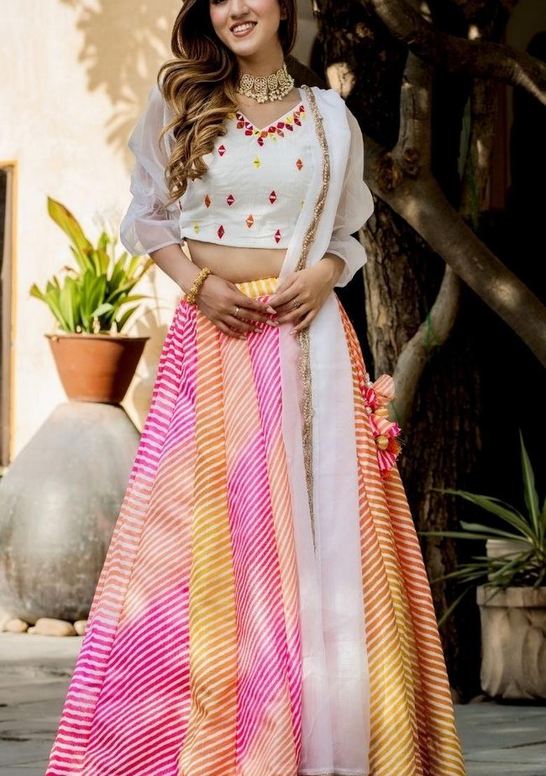 Multi Printed With Zari Sequnce Lace Work Georgette Lehenga Set With Dupatta