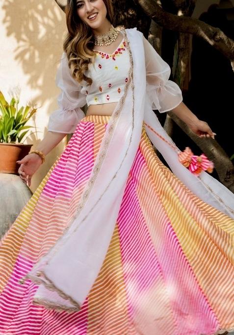 Multi Printed With Zari Sequnce Lace Work Georgette Lehenga Set With Dupatta