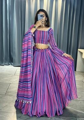 Multi Printed With Zari Sequnce Lace Work Georgette Lehenga Set With Dupatta