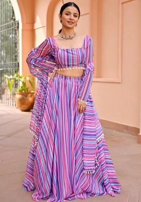 Multi Printed With Zari Sequnce Lace Work Georgette Lehenga Set With Dupatta