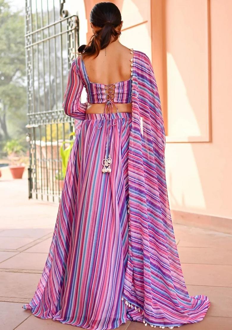 Multi Printed With Zari Sequnce Lace Work Georgette Lehenga Set With Dupatta