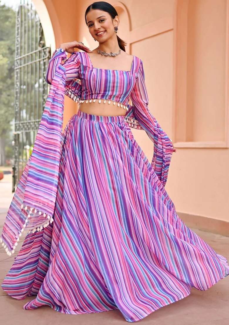 Multi With Zari Sequnce Lace Work With Dupatta Georgette Lehenga Set with Printed for Diwali | Wedding & Festive Wear - Indya