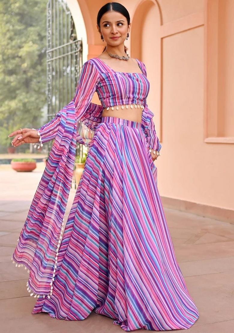 Multi Printed With Zari Sequnce Lace Work Georgette Lehenga Set With Dupatta