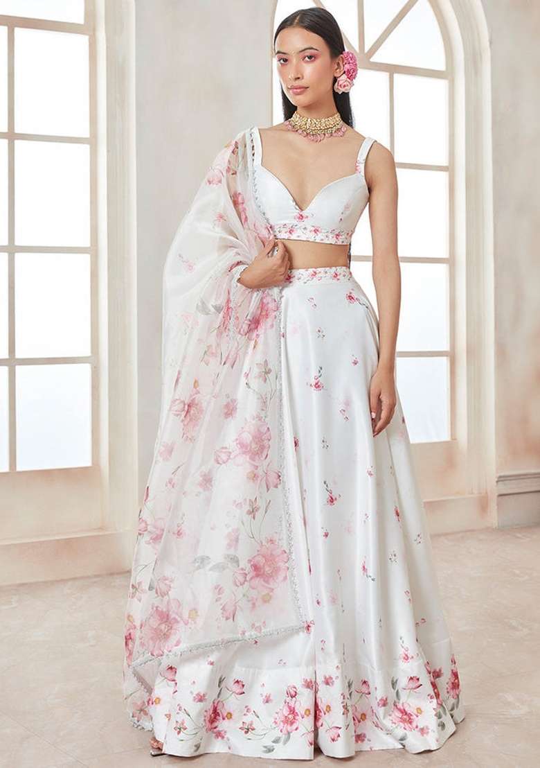 White Printed With Zari Sequnce Lace Work Georgette Lehenga Set With Dupatta for Diwali and Festive Wear - Indya
