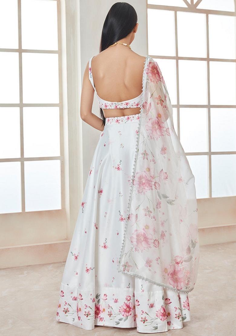 White Printed With Zari Sequnce Lace Work Georgette Lehenga Set With Dupatta