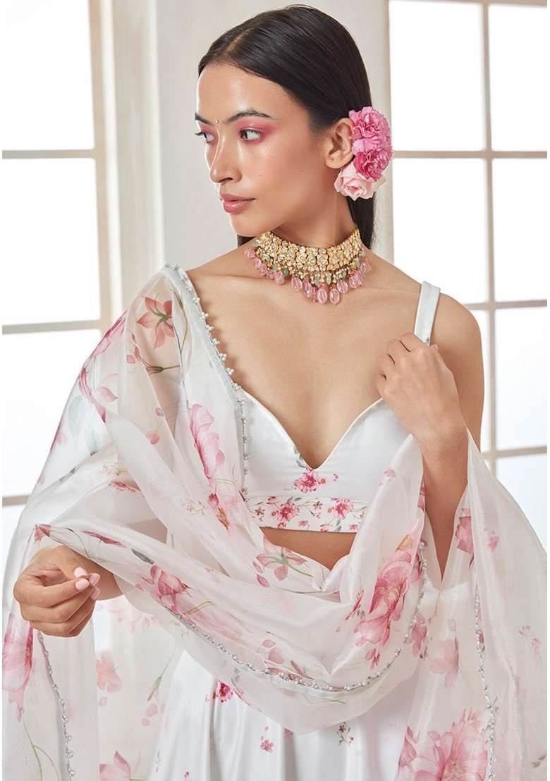 White Printed With Zari Sequnce Lace Work Georgette Lehenga Set With Dupatta for Diwali and Festive Wear - Indya