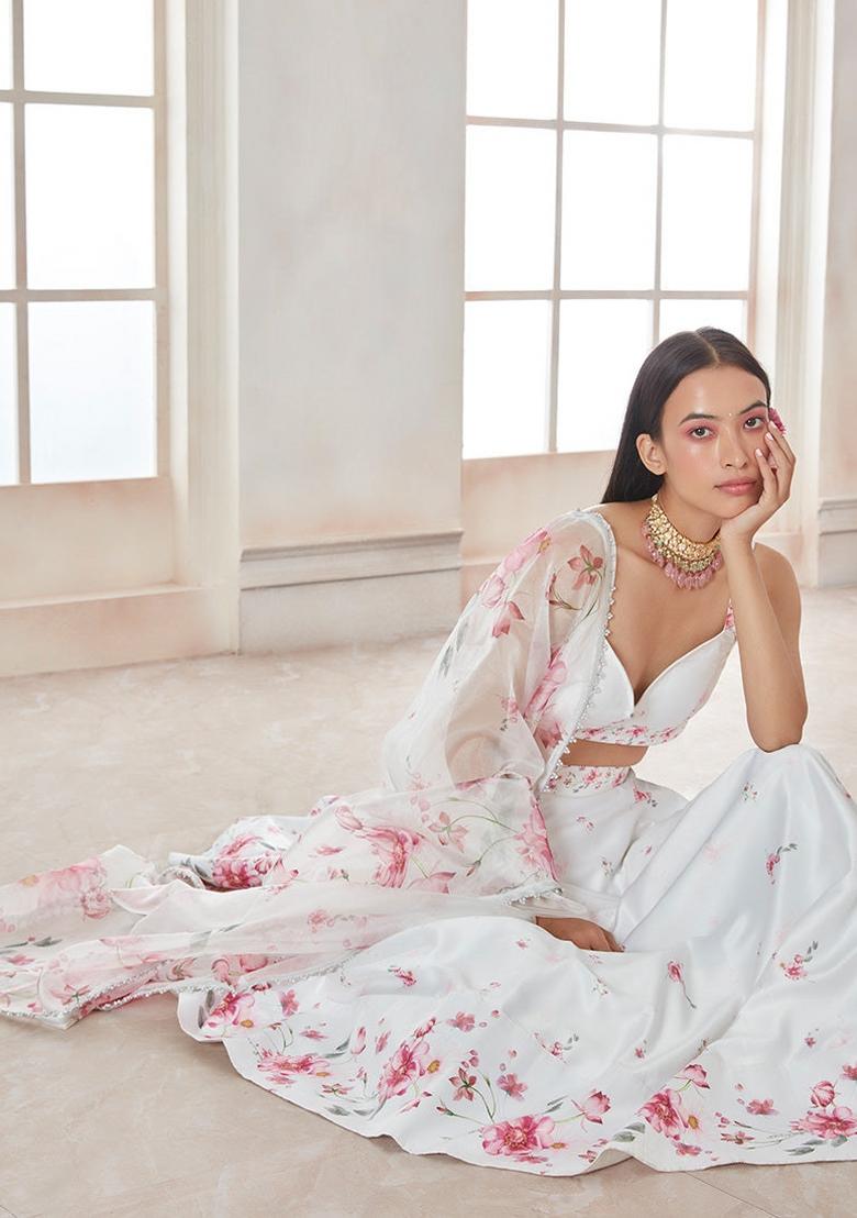 White Printed With Zari Sequnce Lace Work Georgette Lehenga Set With Dupatta