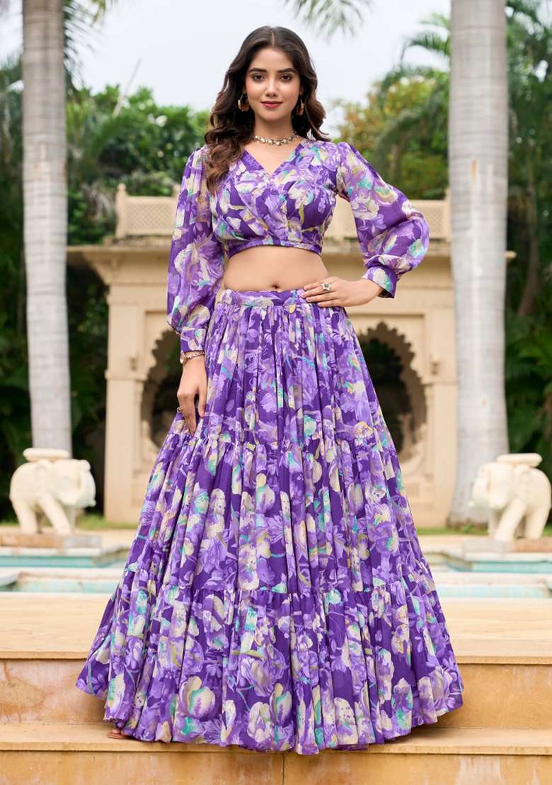 Purple Digital Print Georgette Lehenga Set With Dupatta for Diwali and Festive Wear - Indya