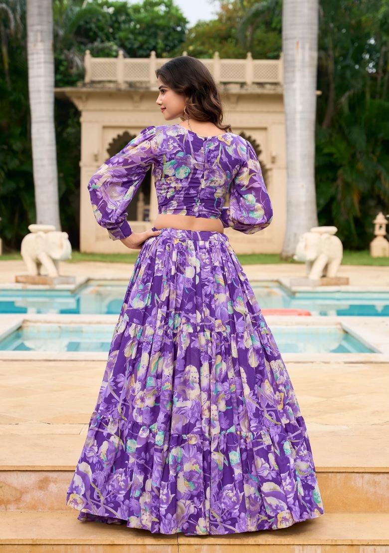 Purple Digital Print Georgette Lehenga Set With Dupatta