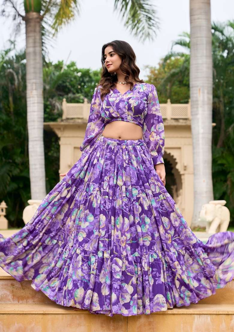 Purple Digital Print Georgette Lehenga Set With Dupatta for Diwali and Festive Wear - Indya