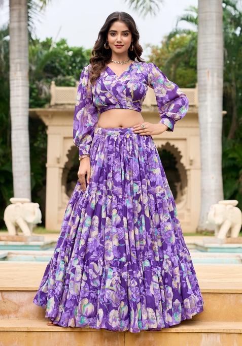 Purple Digital Print Georgette Lehenga Set With Dupatta