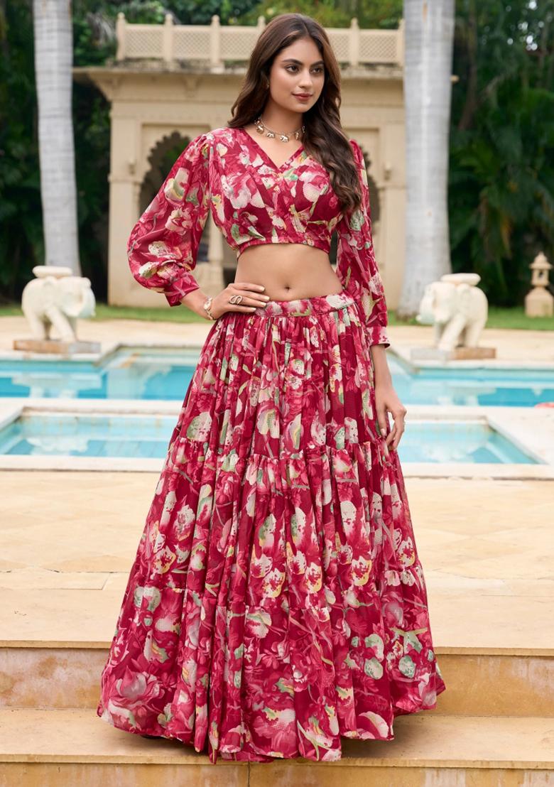 Red Digital Print Georgette Lehenga Set With Dupatta