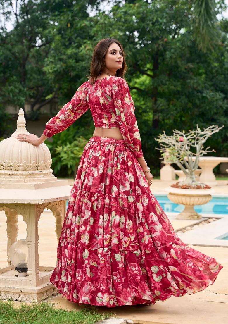 Red Digital Print Georgette Lehenga Set With Dupatta