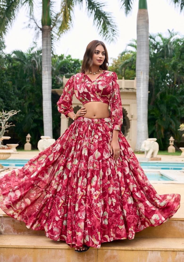 Red Digital Print Georgette Lehenga Set With Dupatta