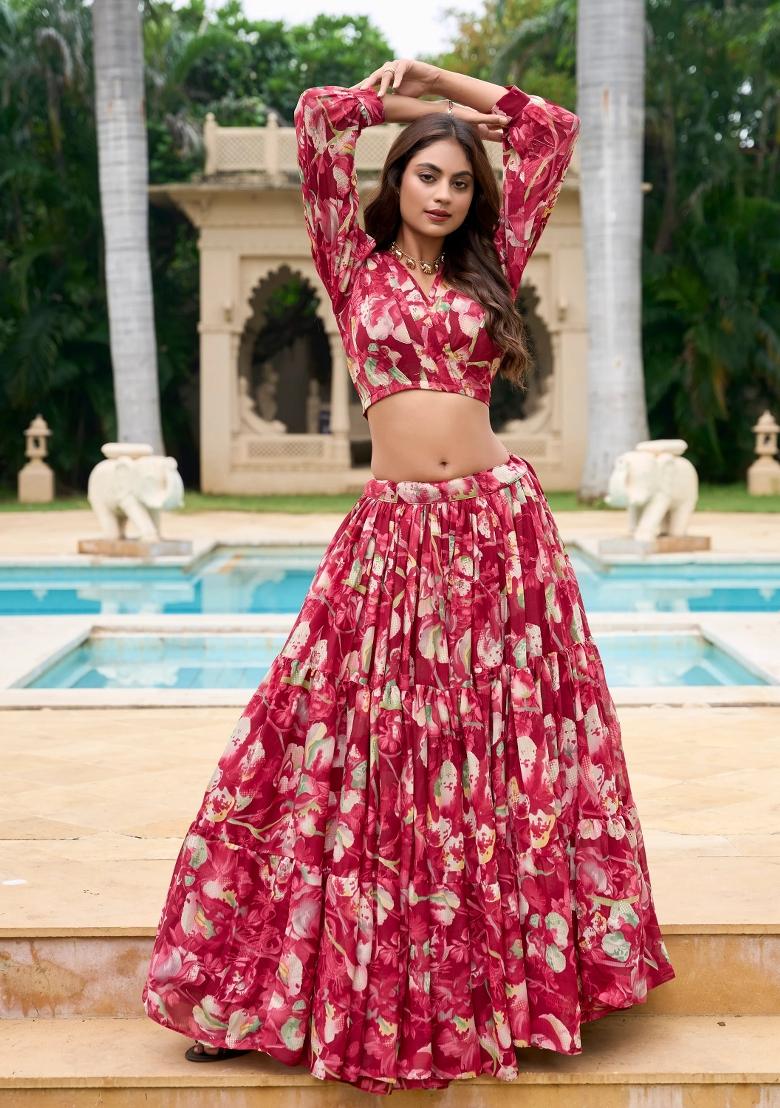 Red Digital Print Georgette Lehenga Set With Dupatta