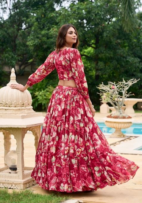 Red Digital Print Georgette Lehenga Set With Dupatta