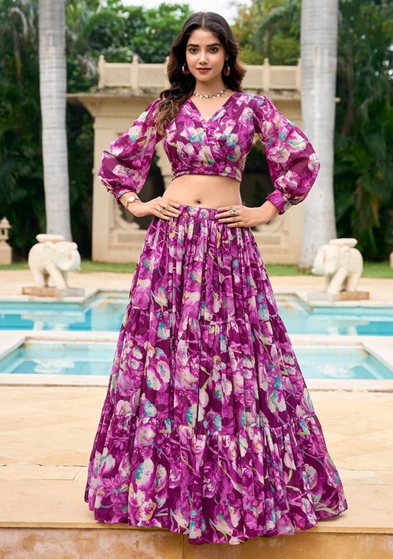 Wine Digital Print Georgette Lehenga Set With Dupatta