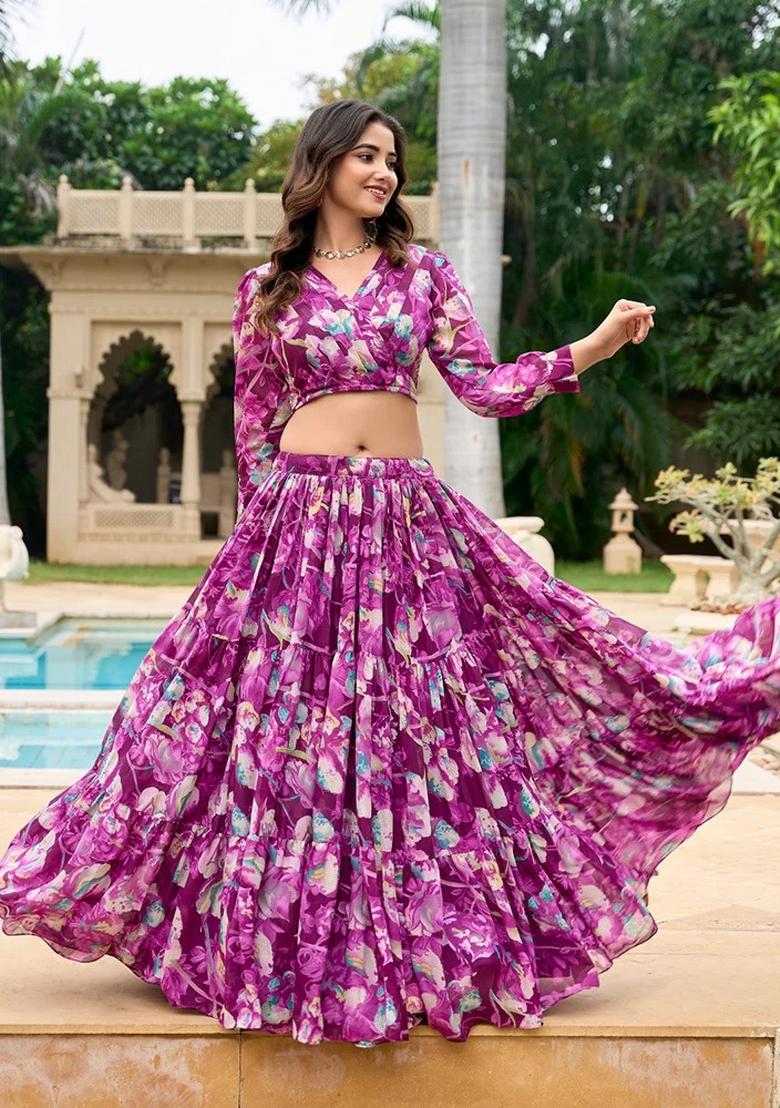 Wine Digital Print Georgette Lehenga Set With Dupatta