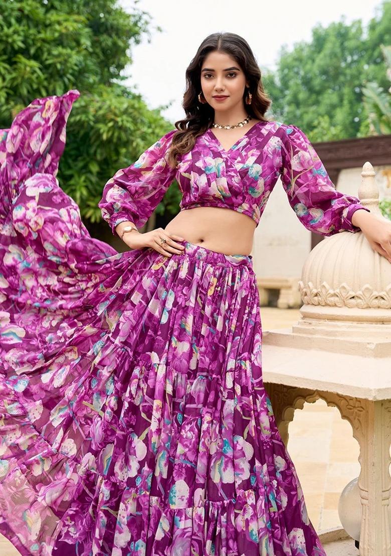 Wine Digital Print Georgette Lehenga Set With Dupatta
